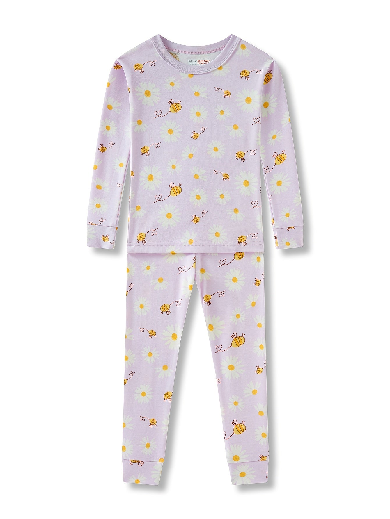 Kids Girls' Sunflower Print Pajama Set, Long Sleeve Crew Neck Blend (92%, 8% Elastane), Skinny Fit Knit Fabric, Comfortable Home Wear for Spring/Summer/Fall, Ages 2-8