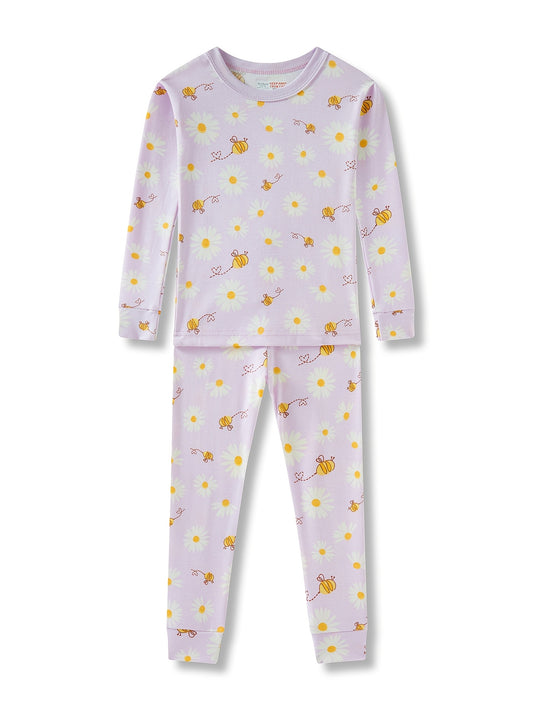 Kids Girls' Sunflower Print Pajama Set, Long Sleeve Crew Neck Blend (92%, 8% Elastane), Skinny Fit Knit Fabric, Comfortable Home Wear for Spring/Summer/Fall, Ages 2-8