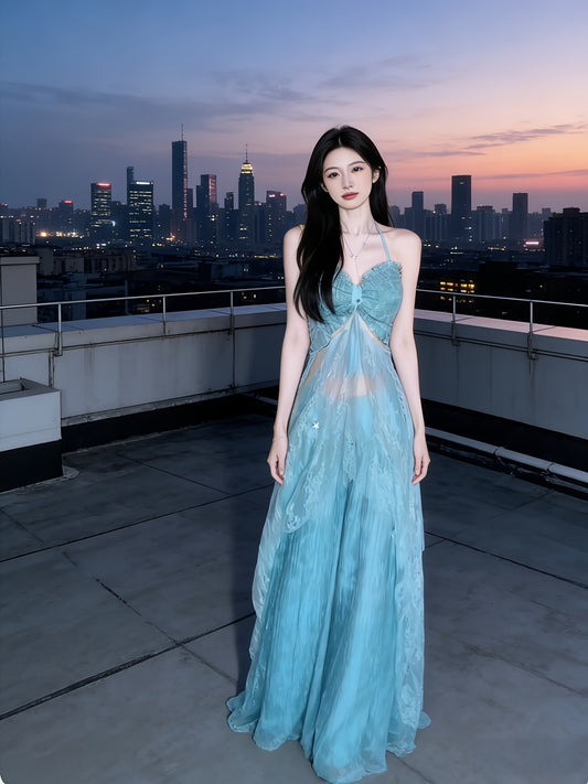 Cool-toned Halter Neck Camisole Dress | Mint Green Lace Sheer Waist-Cinching Maxi Dress, Soft Vibe Atmosphere Outfit, Asymmetrical Long Two-Piece Set, Ideal for Spring/Summer Vacation