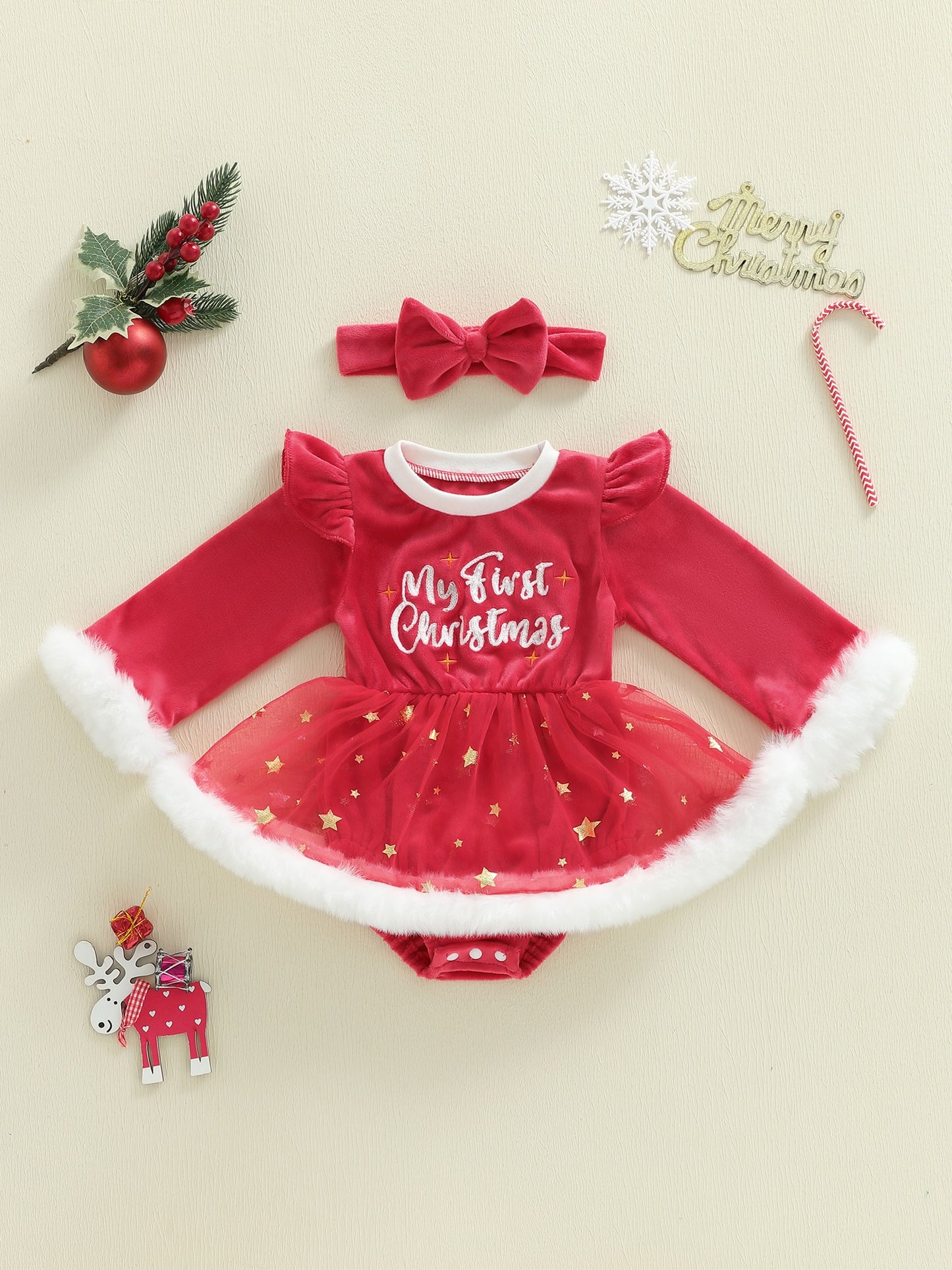 Troopville Newborn My First Christmas Romper Dress Headband