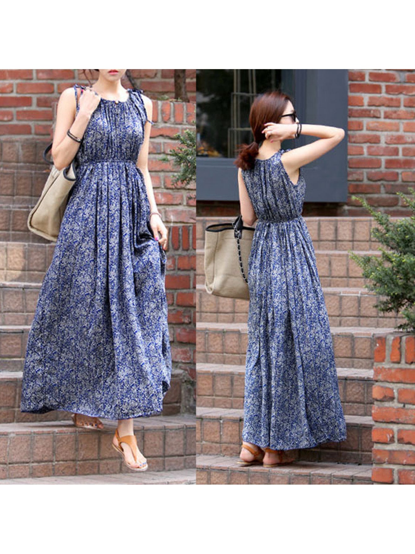 Women's Bohemian A-Line Maxi Dress - Sleeveless Summer Wedding Guest Gown with Floral Print Dress, Machine Washable Elegant Party Dresses for Beach Vacations & Special Occasions (Spring Summer Fall)
