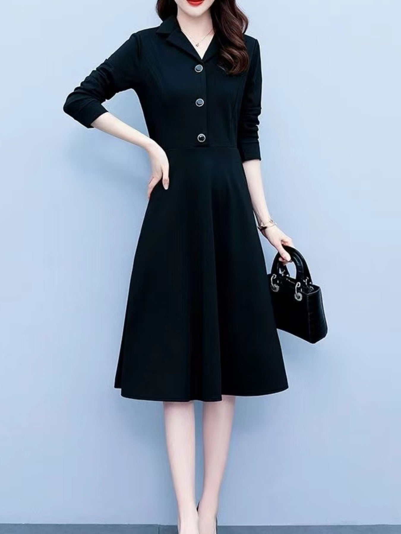 SCACTO Women's Elegant Button Front Long Sleeve A-Line Dress - Slim Fit Mid-Length Office Dress, Machine Washable Professional Attire for all-Season Wear