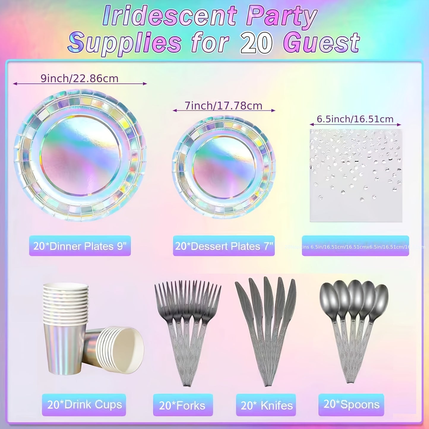 140 Pieces Holographic Iridescent Party Supplies Complete Set for 20 Guests Disposable Plates Cups Napkins Cutlery