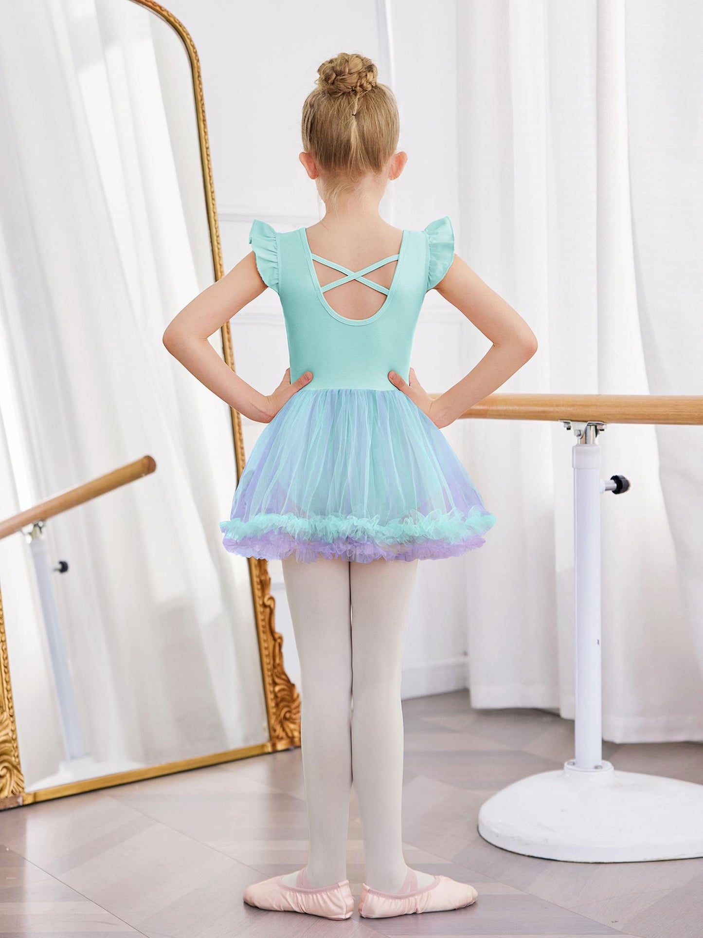 Girls' Ballet Tutu Dance Dress with Cross-Back Design & Ruffled Sleeves - White A-Line Leotard for Ballet, Gymnastics, Recitals - All-Season Comfort, Round Neck, Solid Color, Ballet Dress, Gymnastics Attire, Elegant Dancewear
