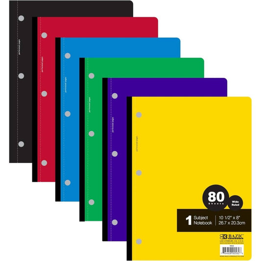 Notebook Wide Ruled 1 Subject 80 Sheets Wireless Notebooks, 3 Punched Holes Lined Composition Book, Assorted Color, 24 - Pack
