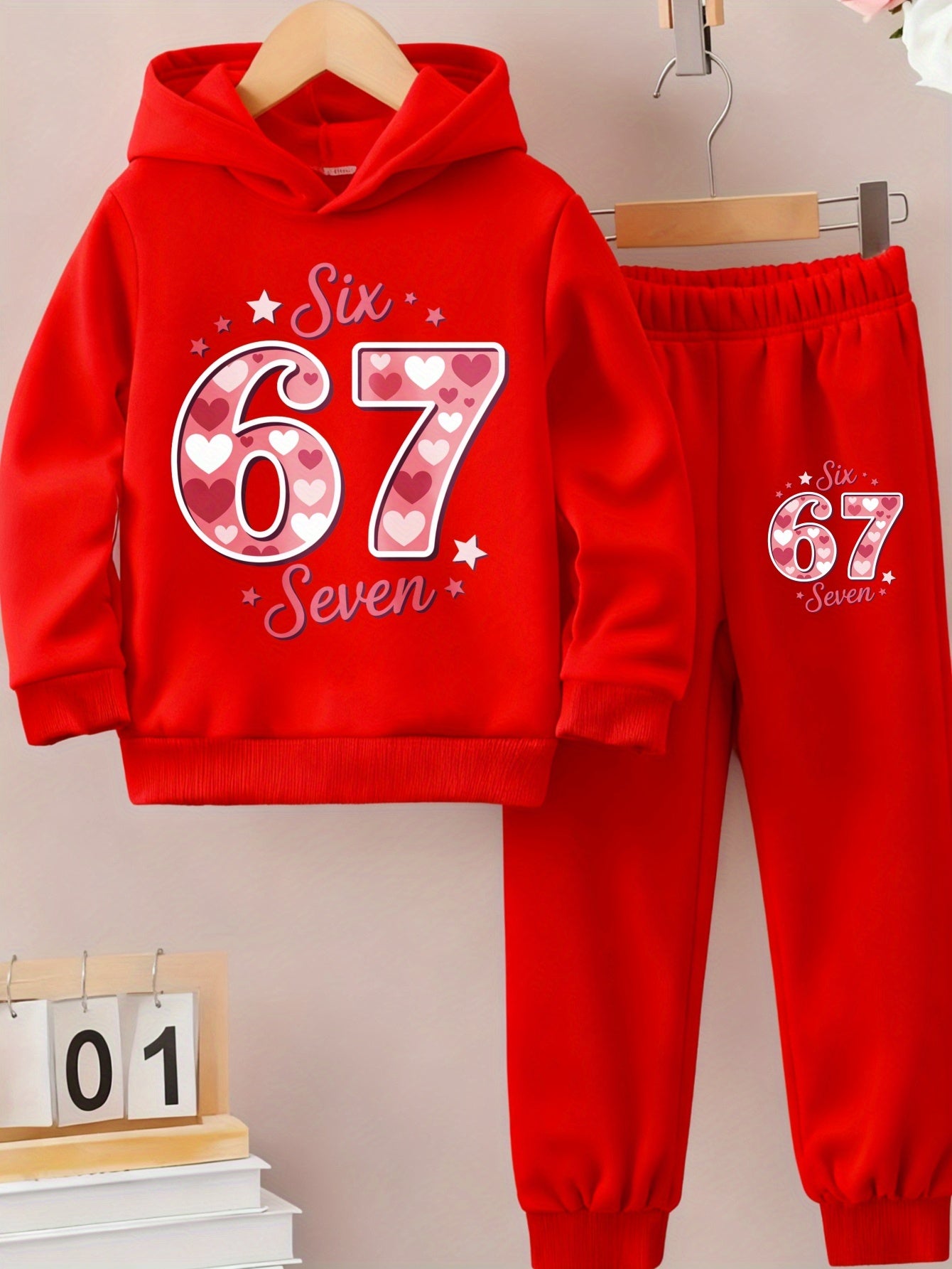 Girls Hoodie and Pants Set | Black Six 67 Seven Pink Heart Print Casual Outfit for Everyday Wear, Fall/Winter, Sweatshirt and Sweatpants, Long Sleeve, Medium Stretch Fabric, for Outdoor