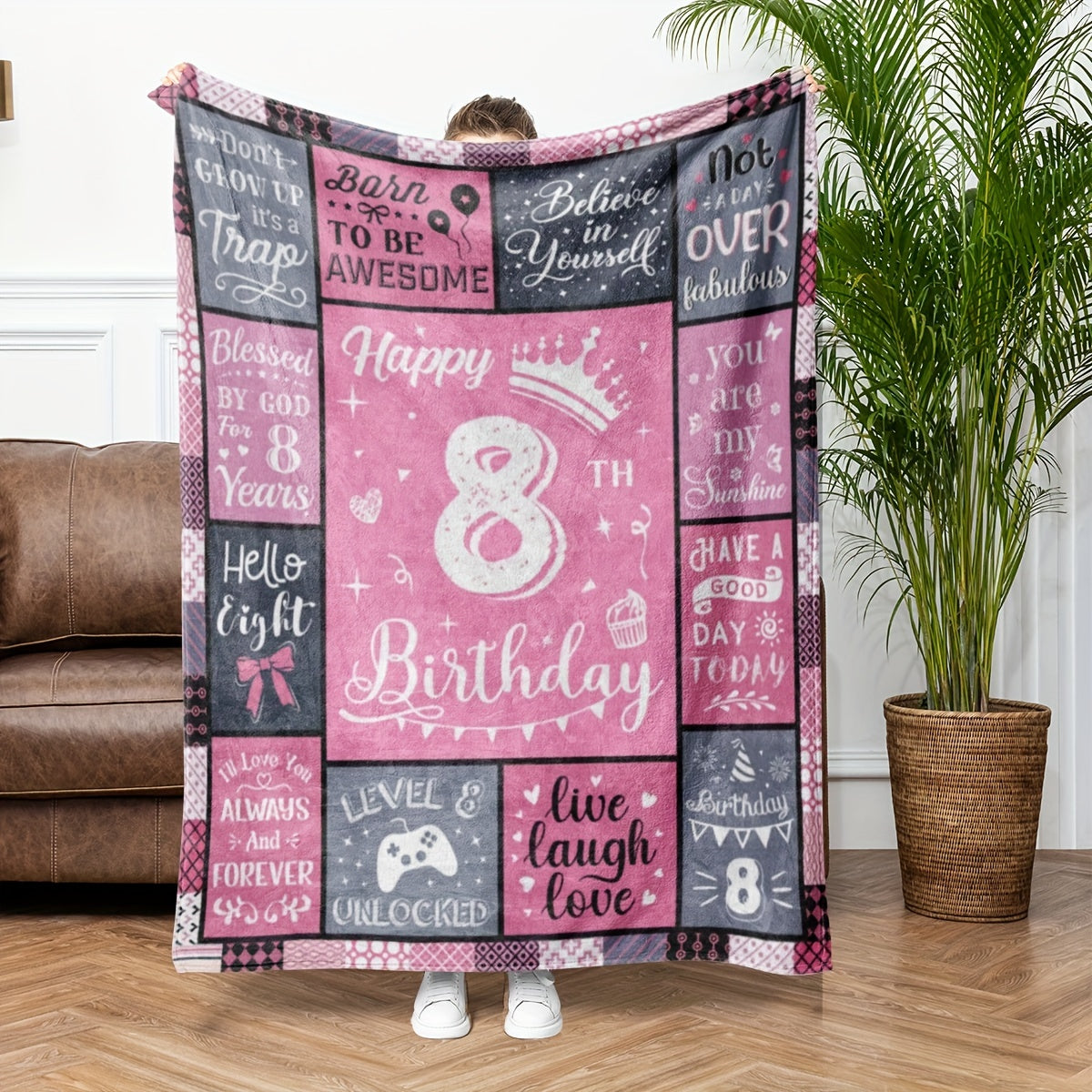 8th Birthday Blanket - Cute & Cozy Flannel Throw with Number 8 & Birthday Phrases, Pink & Girls/Boys Bedding for Pet Beds & Teen Girls/Boys, 280gsm All-Season Soft Gift for 8 Year Olds, Machine Washable Birthday Party Decor