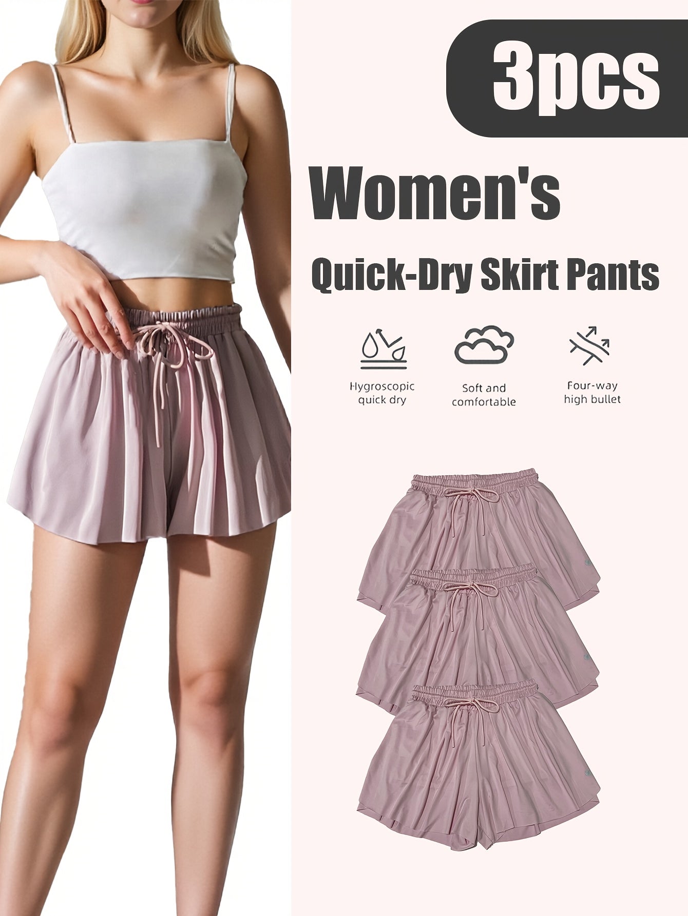 Women's Quick-Dry 3pcs Sports Skirt & Shorts Set with Built-In Safety Shorts - Solid Color Pleated Skater Skirt, Gymnastics Running Jumping Outfit, Spring Summer Fall Athletic Wear, Machine Washable (No Transparency)