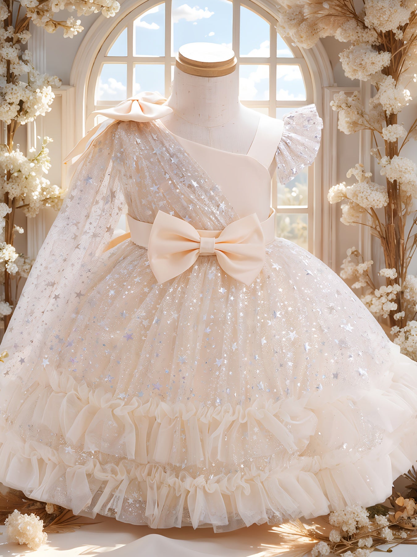 1st Birthday Girl Dress with Detachable Cape & Starry Tutu - Mint Green Sparkling Princess Party Gown, Soft Breathable Baby Girl for Weddings, Photo Shoots & Celebration Outfit (Short Sleeves, Belt)