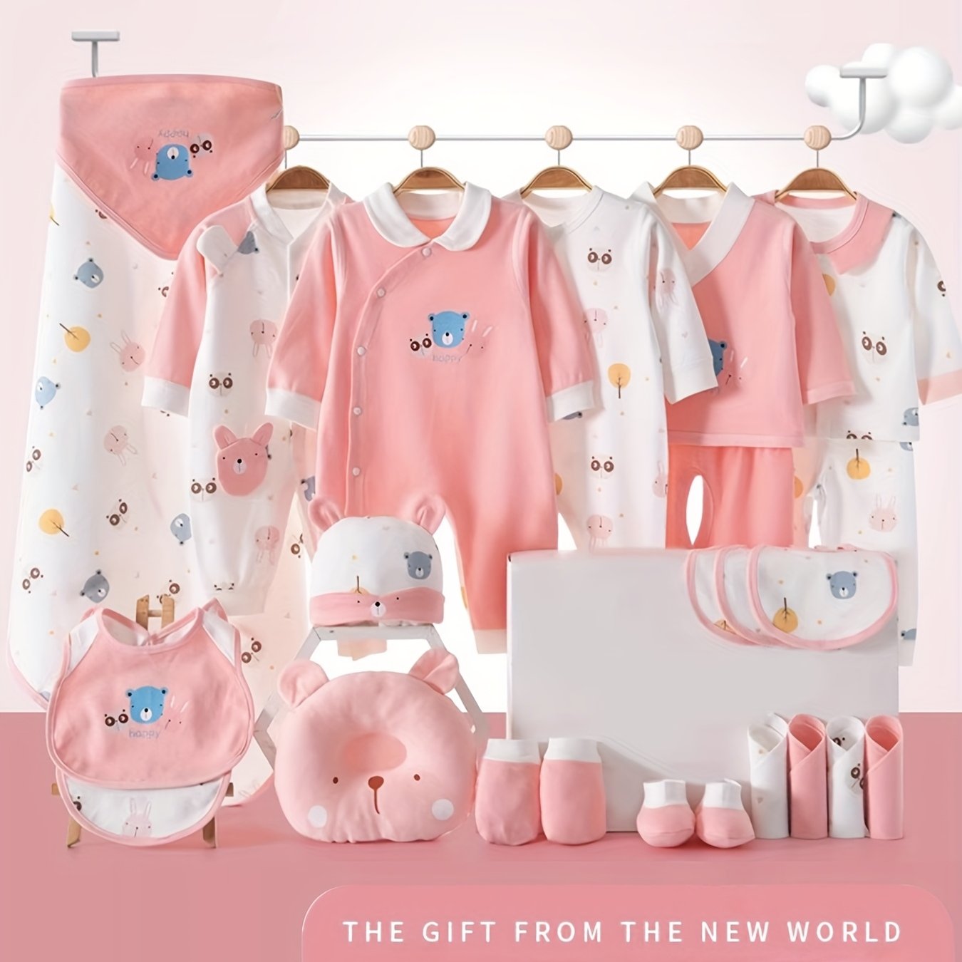 Baby Girl Clothes + Baby Items, Newborn Daily Necessities Complete Set, 0-3 Months, Total 27pcs, 5 Sets Of Clothes +Swaddle Blanket+ Hat + Bib + Hand And Foot Covers, Baby Fall Long Sleeve Suit, Baby Romper, Local Warehouse,