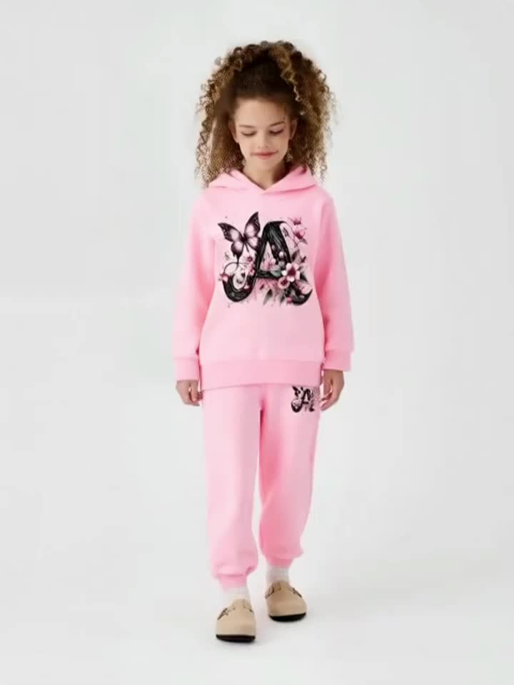 Toddler Girl Love Bear Print Hoodie Set, Autumn/ Winter, for Outdoor