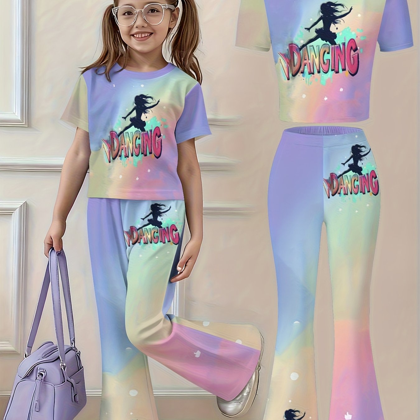 Girls Two Piece Short Sleeve Top and Flared Pants Set