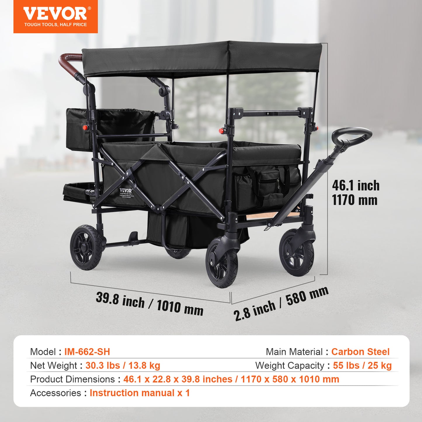 VEVOR Tandem Stroller For 2 Kids Adjustable Handle Canopy