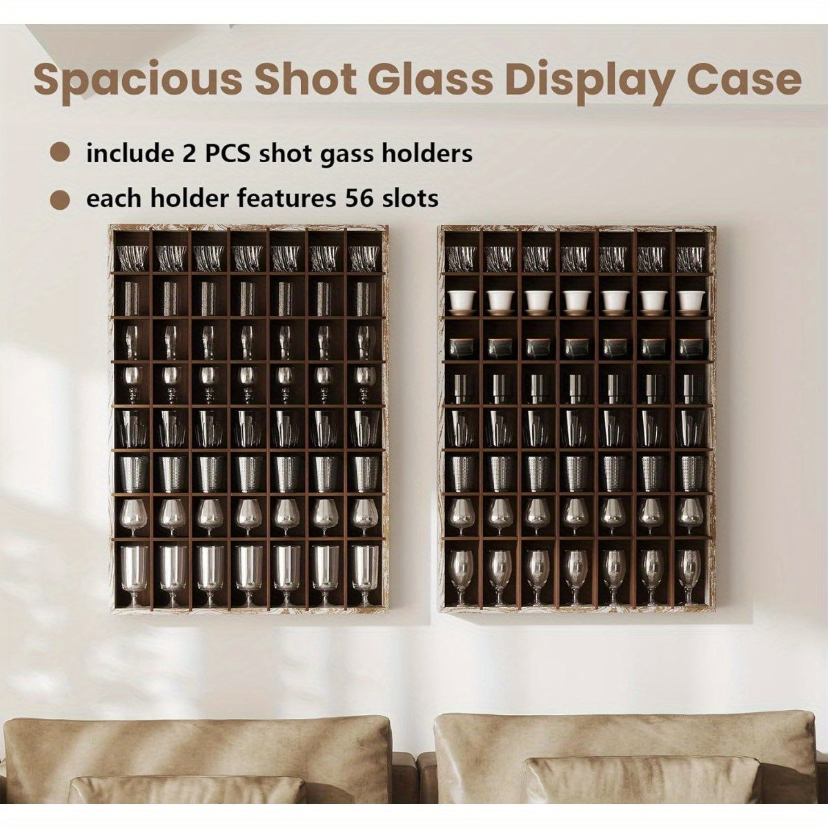 Nisorpa Wall Mounted Display Cases for Shot Glasses 56 Slots
